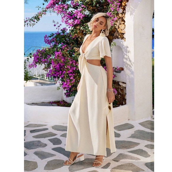 Tie Front Cut Out High Slit Beige Maxi Dress Boho - Picture 2 of 12